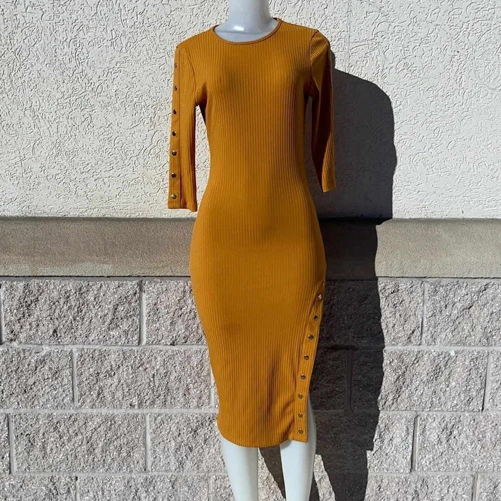 mustard bodycon midi dress Mayuko Mustard Stretch Knit Bodycon Midi Dress